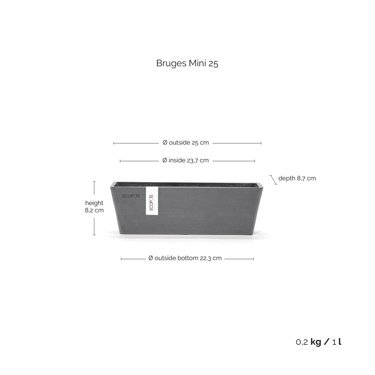 Kukkaruukku Bruge mini 25cm harmaa – mittapiirros