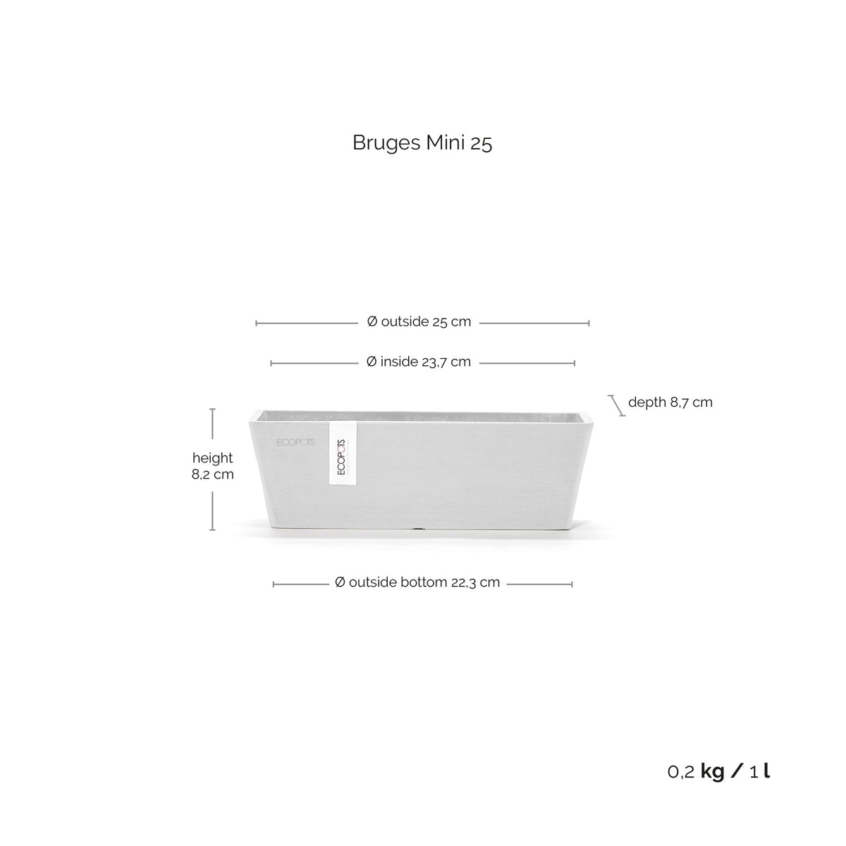 Kukkaruukku Bruge mini 25cm valkoinen – mittapiirros
