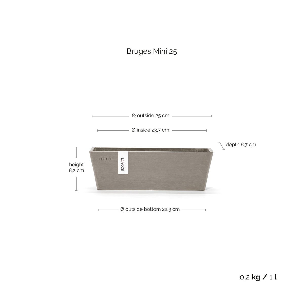 Kukkaruukku Bruge mini 25cm taupe – mittapiirros