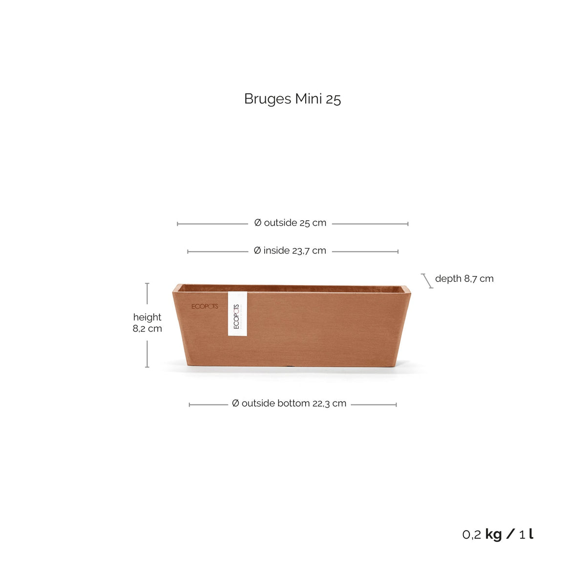 Kukkaruukku Bruge mini 25cm terracotta – mittapiirros