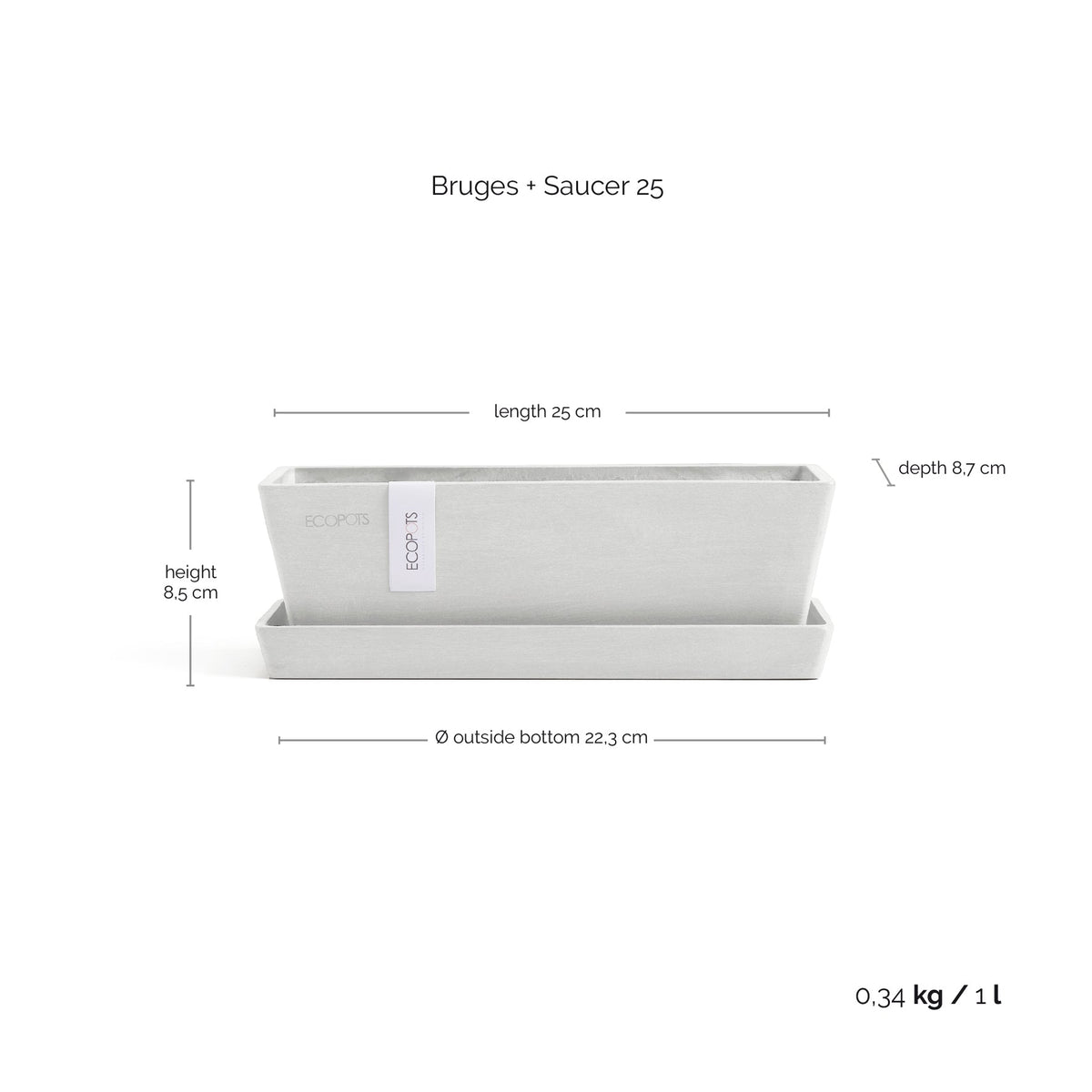 Kukkaruukku Bruge 25cm + aluslautanen valkoinen – mittapiirros