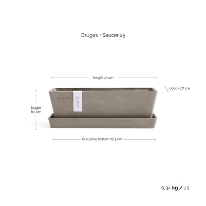 Kukkaruukku Bruge 25cm + aluslautanen taupe – mittapiirros
