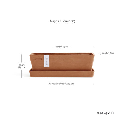 Kukkaruukku Bruge 25cm + aluslautanen terracotta – mittapiirros