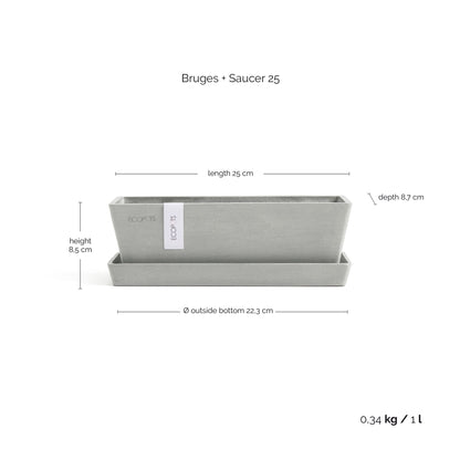 Kukkaruukku Bruge 25cm + aluslautanen valkoharmaa – mittapiirros