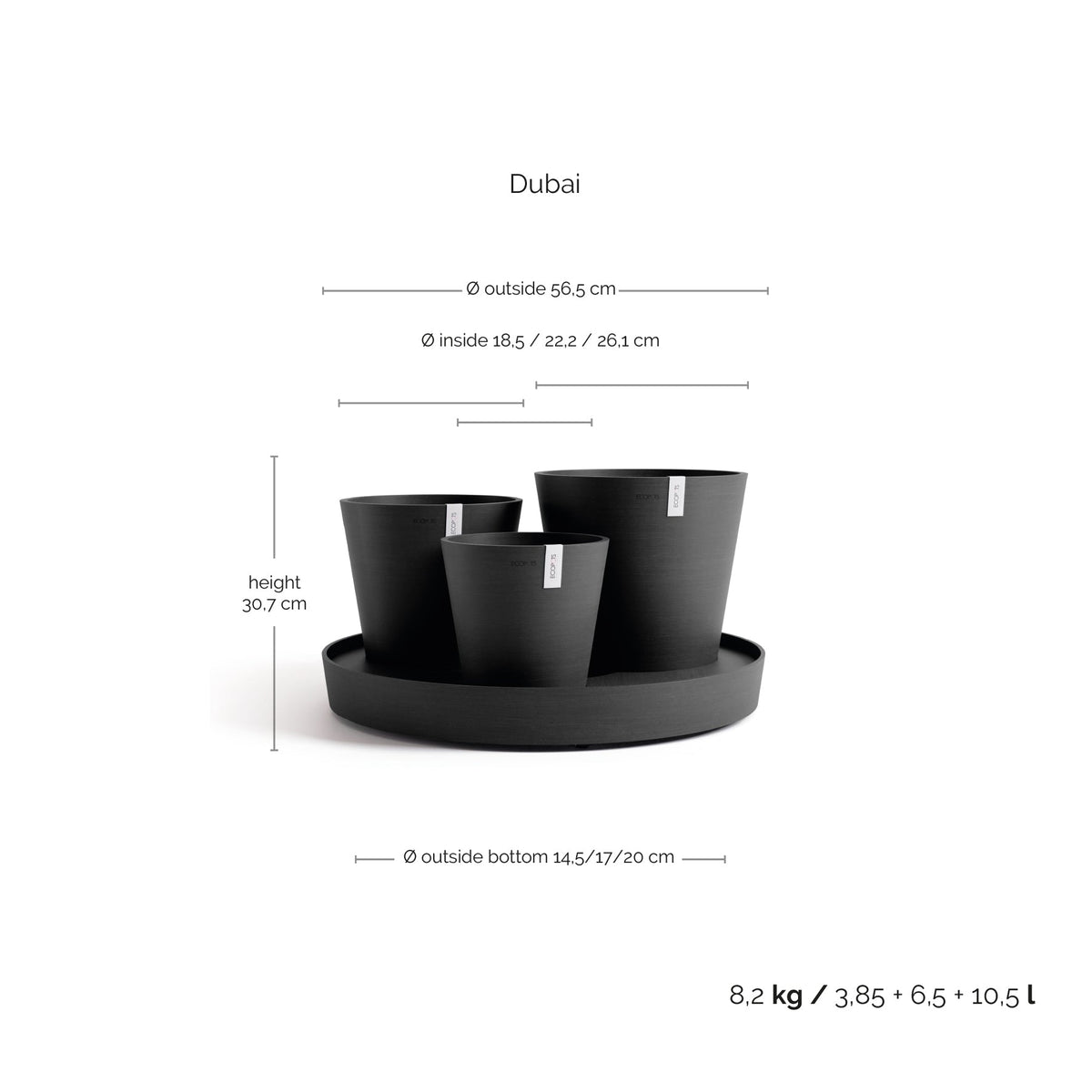 Kukkaruukku Dubai 56cm tummanharmaa – mittapiirros