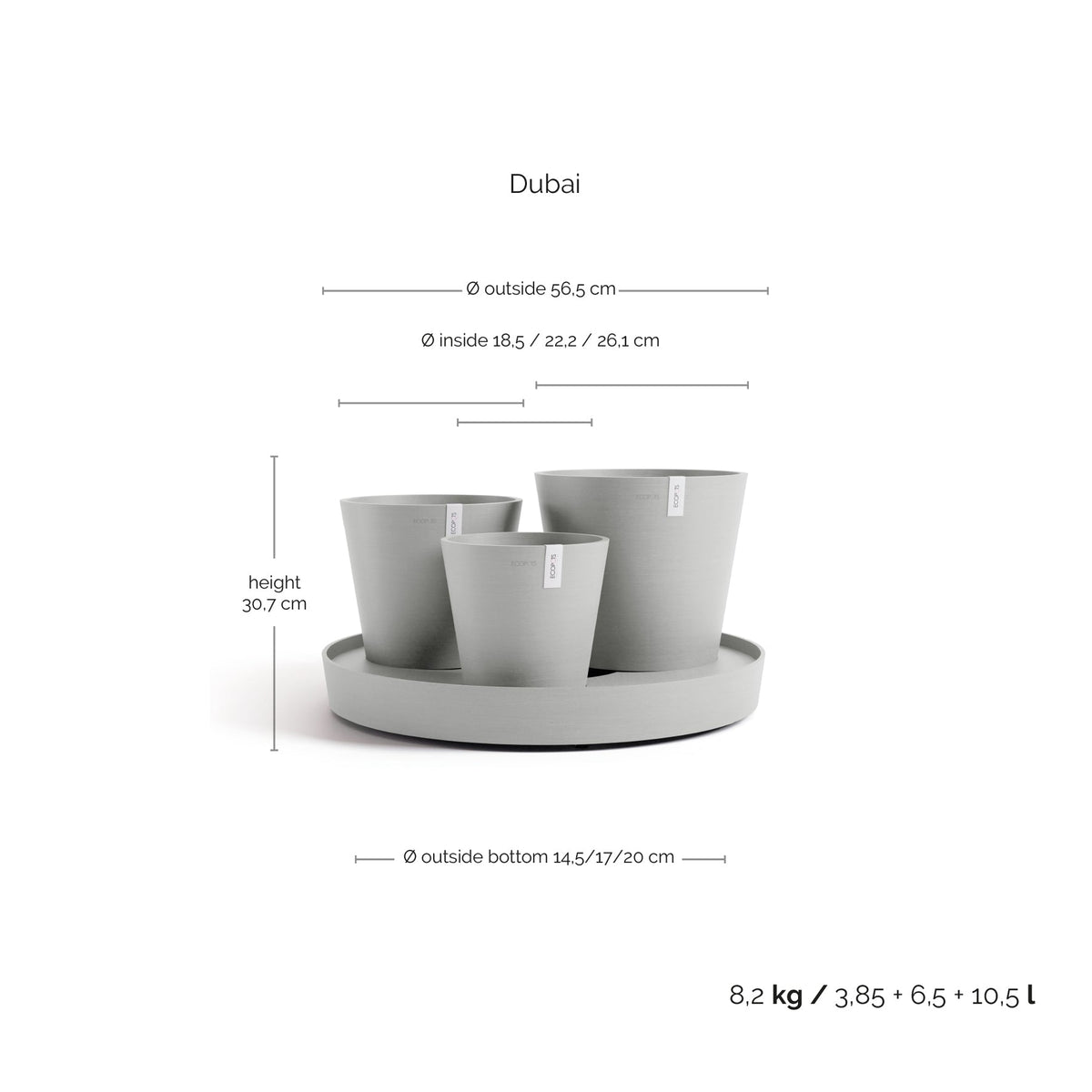 Kukkaruukku Dubai 56cm valkoharmaa – mittapiirros