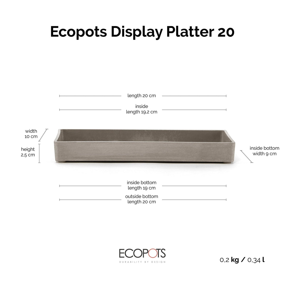 Kukkaruukku esillepanotarjotin 20cm taupe – mittapiirros