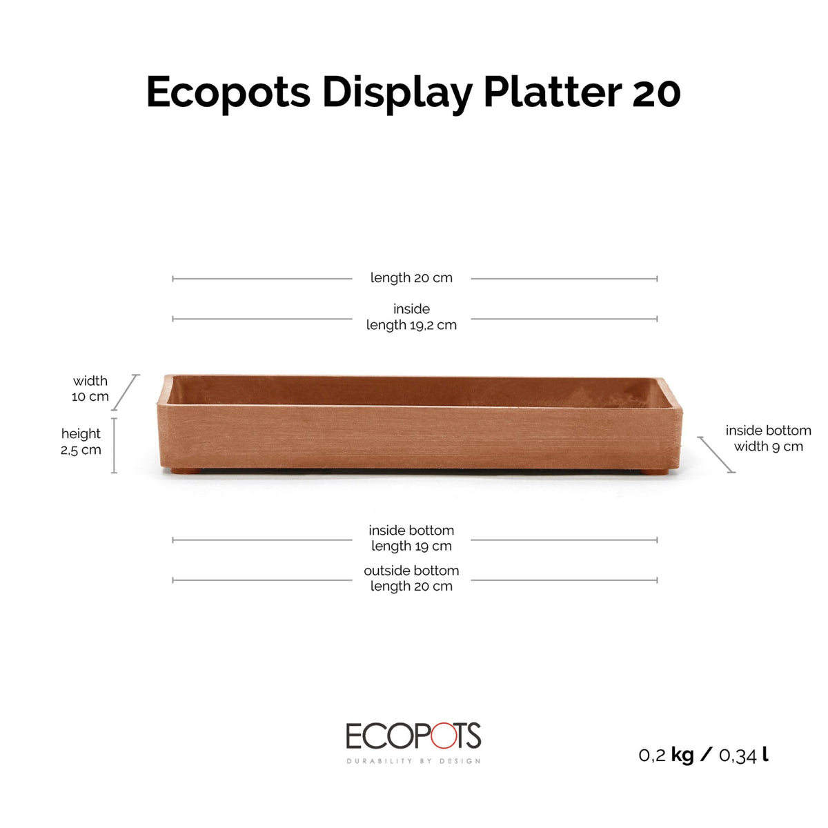 Kukkaruukku esillepanotarjotin 20cm terracotta – mittapiirros