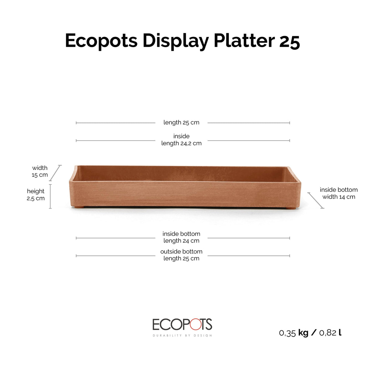 Kukkaruukku esillepanotarjotin 25cm terracotta – mittapiirros