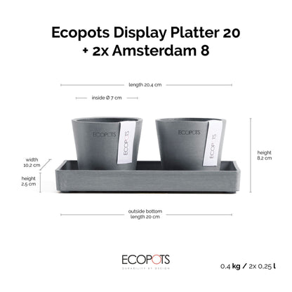 Kukkaruukku Amsterdam 8cm 2kpl & esillepanotarjotin 20cm siniharmaa – mittapiirros