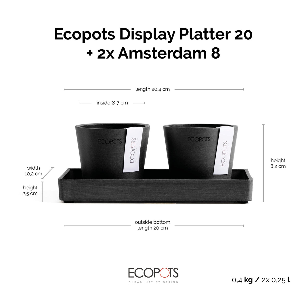 Kukkaruukku Amsterdam 8cm 2kpl & esillepanotarjotin 20cm tummanharmaa – mittapiirros