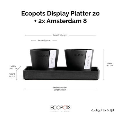 Kukkaruukku Amsterdam 8cm 2kpl & esillepanotarjotin 20cm tummanharmaa – mittapiirros