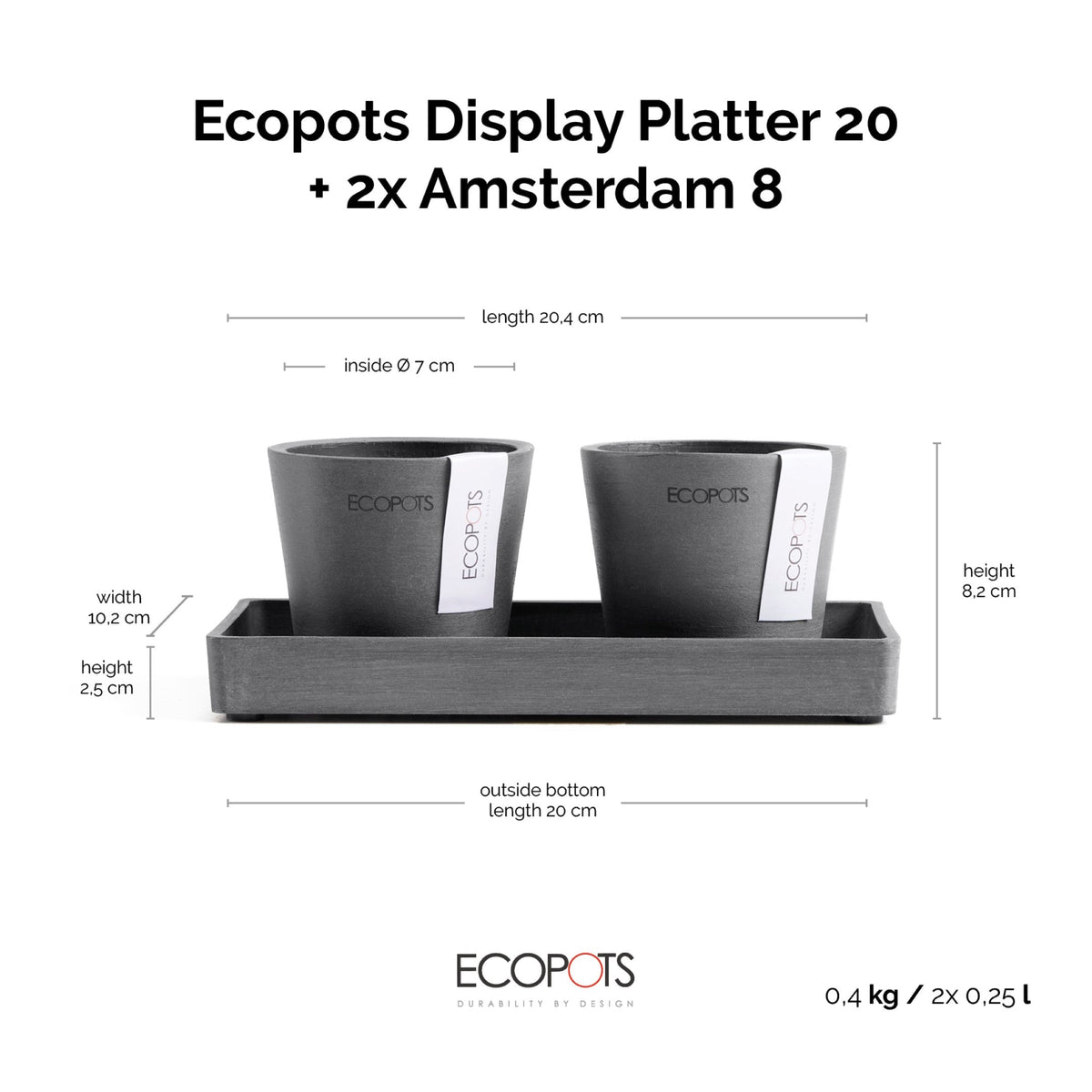 Kukkaruukku Amsterdam 8cm 2kpl & esillepanotarjotin 20cm harmaa – mittapiirros