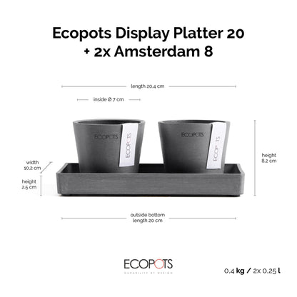 Kukkaruukku Amsterdam 8cm 2kpl & esillepanotarjotin 20cm harmaa – mittapiirros