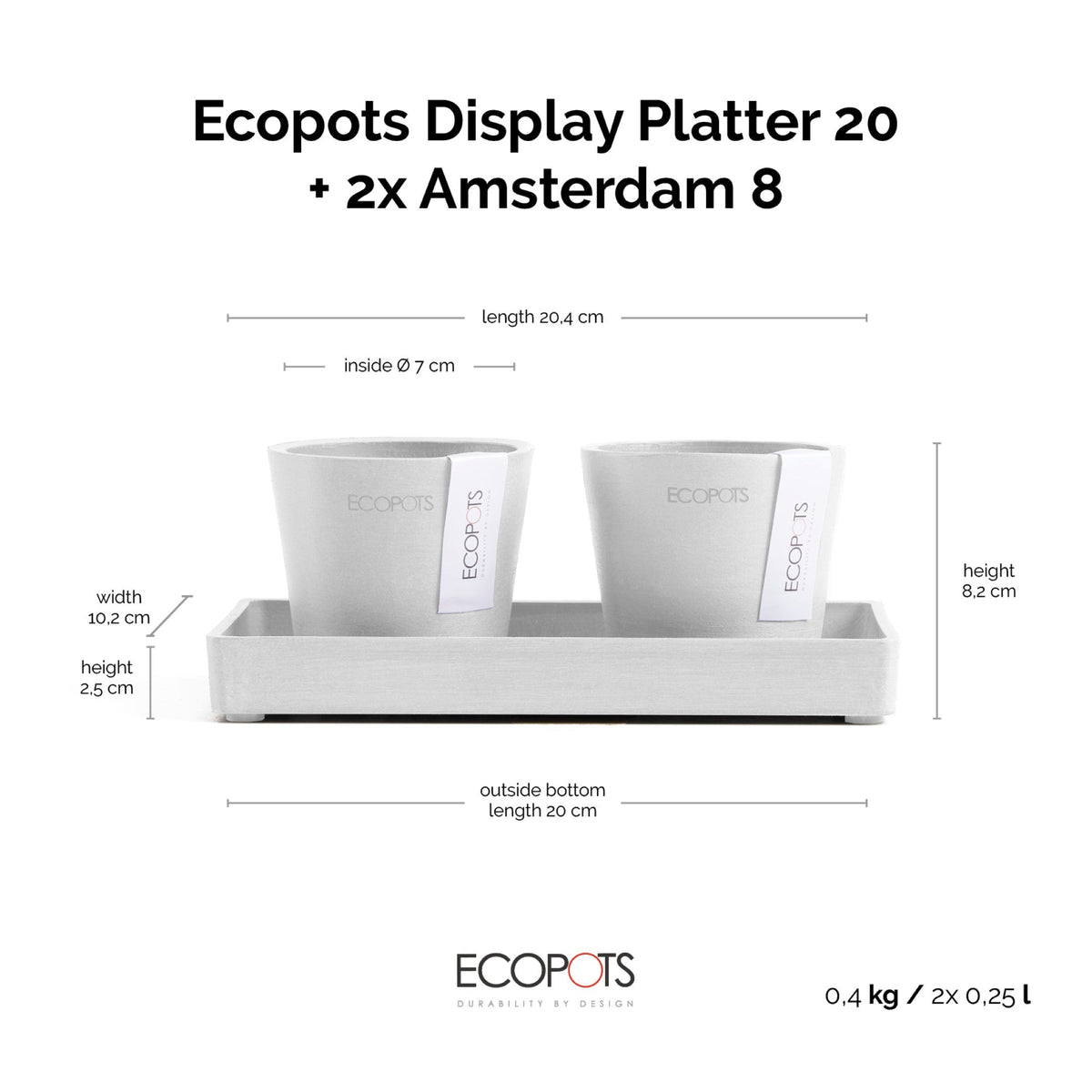 Kukkaruukku Amsterdam 8cm 2kpl & esillepanotarjotin 20cm valkoinen – mittapiirros