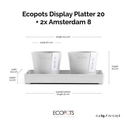 Kukkaruukku Amsterdam 8cm 2kpl & esillepanotarjotin 20cm valkoinen – mittapiirros