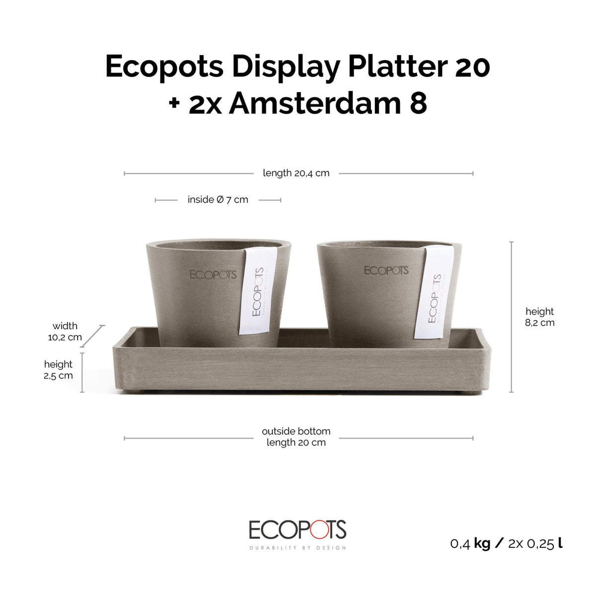 Kukkaruukku Amsterdam 8cm 2kpl & esillepanotarjotin 20cm taupe – mittapiirros
