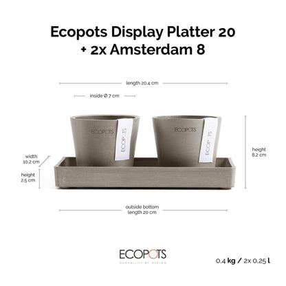 Kukkaruukku Amsterdam 8cm 2kpl & esillepanotarjotin 20cm taupe – mittapiirros