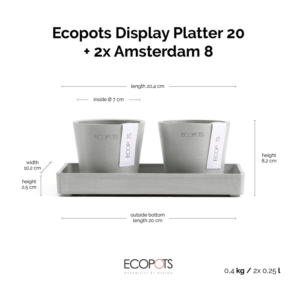 Kukkaruukku Amsterdam 8cm 2kpl & esillepanotarjotin 20cm valkoharmaa – mittapiirros