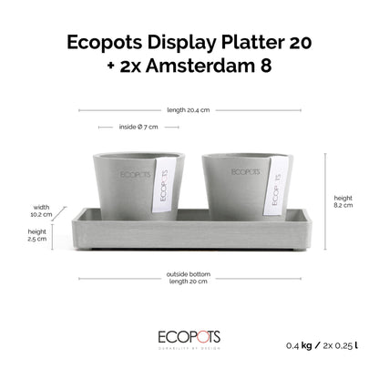 Kukkaruukku Amsterdam 8cm 2kpl & esillepanotarjotin 20cm valkoharmaa – mittapiirros