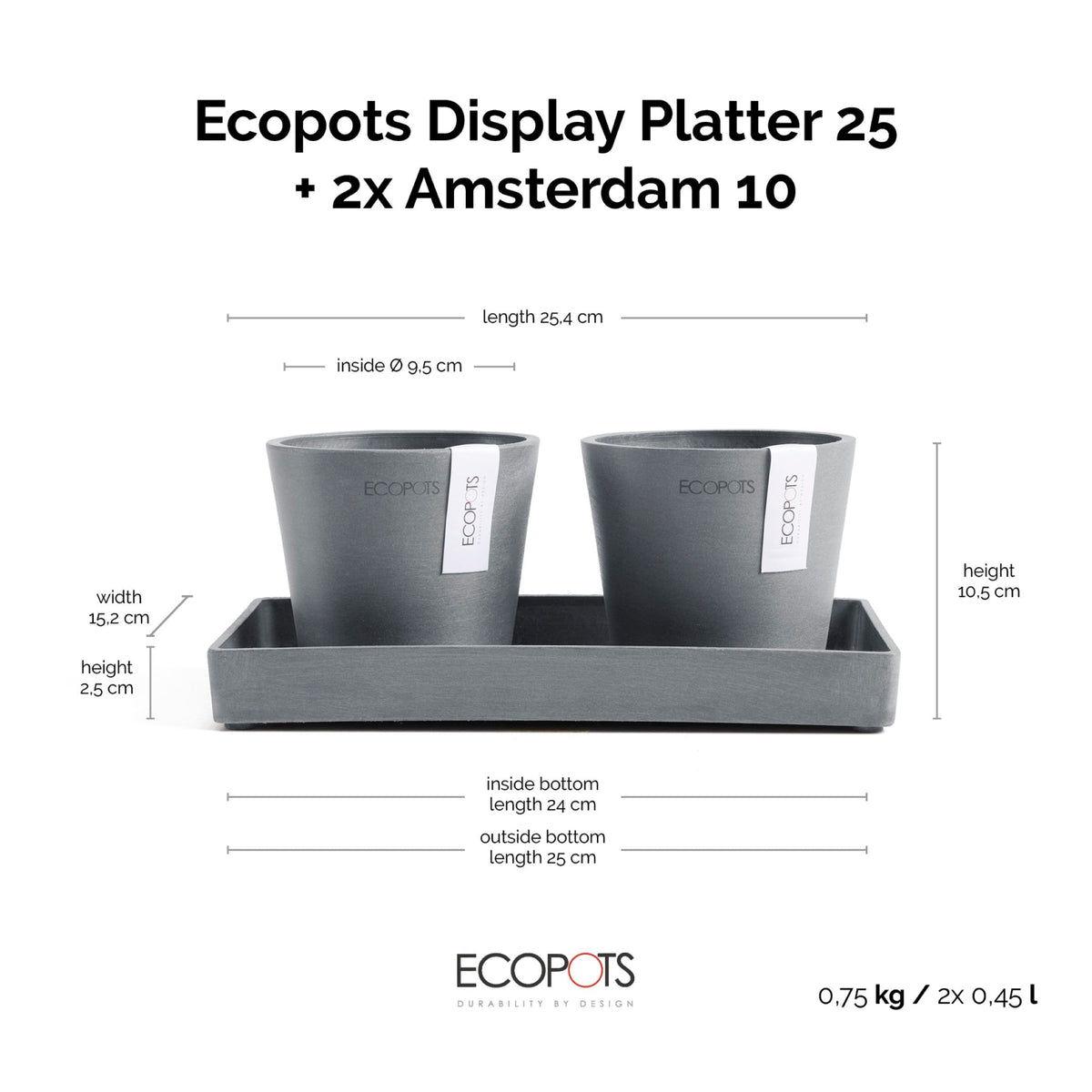 Kukkaruukku Amsterdam 10,5cm 2kpl & esillepanotarjotin 25cm siniharmaa – mittapiirros