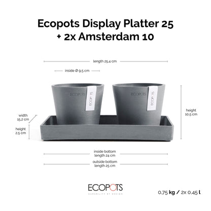 Kukkaruukku Amsterdam 10,5cm 2kpl & esillepanotarjotin 25cm siniharmaa – mittapiirros