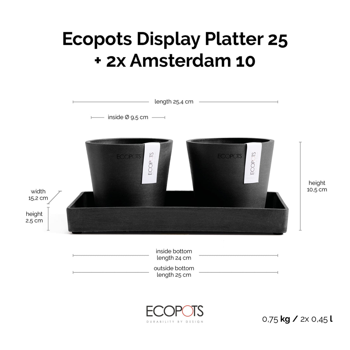 Kukkaruukku Amsterdam 10,5cm 2kpl & esillepanotarjotin 25cm tummanharmaa – mittapiirros