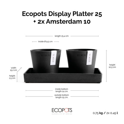 Kukkaruukku Amsterdam 10,5cm 2kpl & esillepanotarjotin 25cm tummanharmaa – mittapiirros