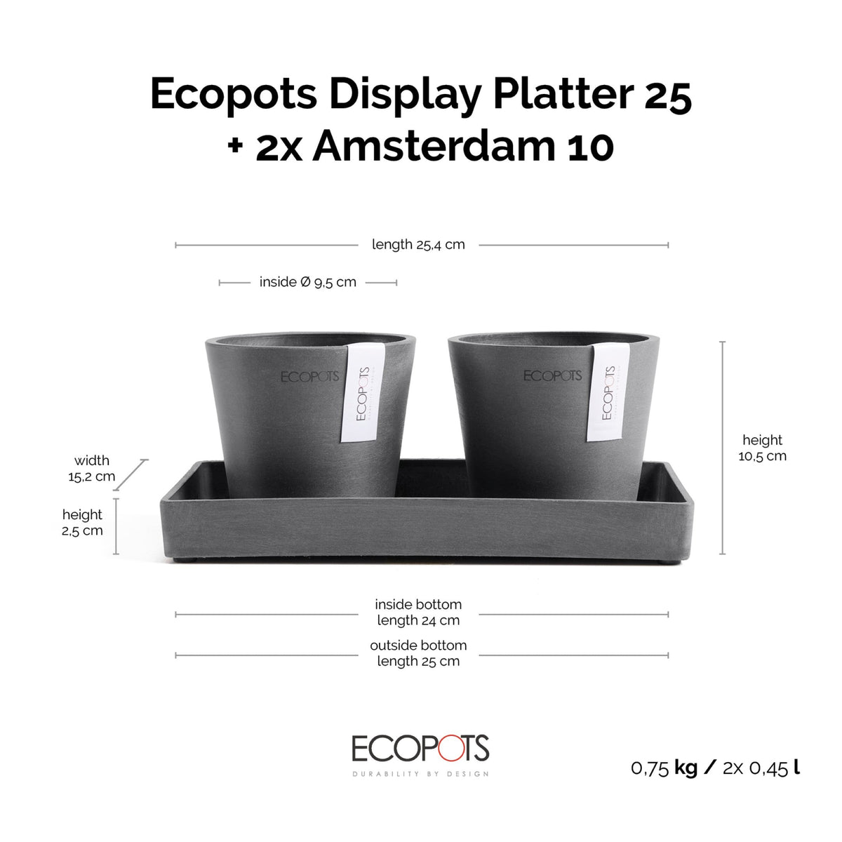 Kukkaruukku Amsterdam 10,5cm 2kpl & esillepanotarjotin 25cm harmaa – mittapiirros
