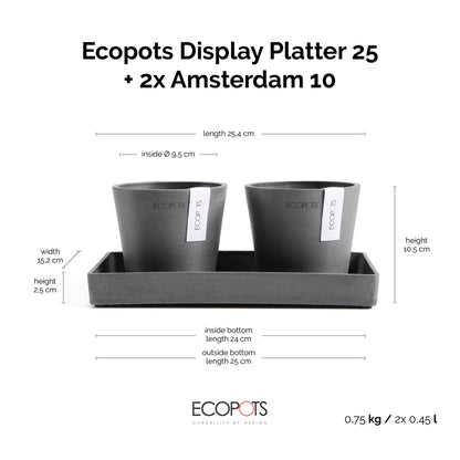 Kukkaruukku Amsterdam 10,5cm 2kpl & esillepanotarjotin 25cm harmaa – mittapiirros