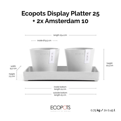 Kukkaruukku Amsterdam 10,5cm 2kpl & esillepanotarjotin 25cm valkoinen – mittapiirros