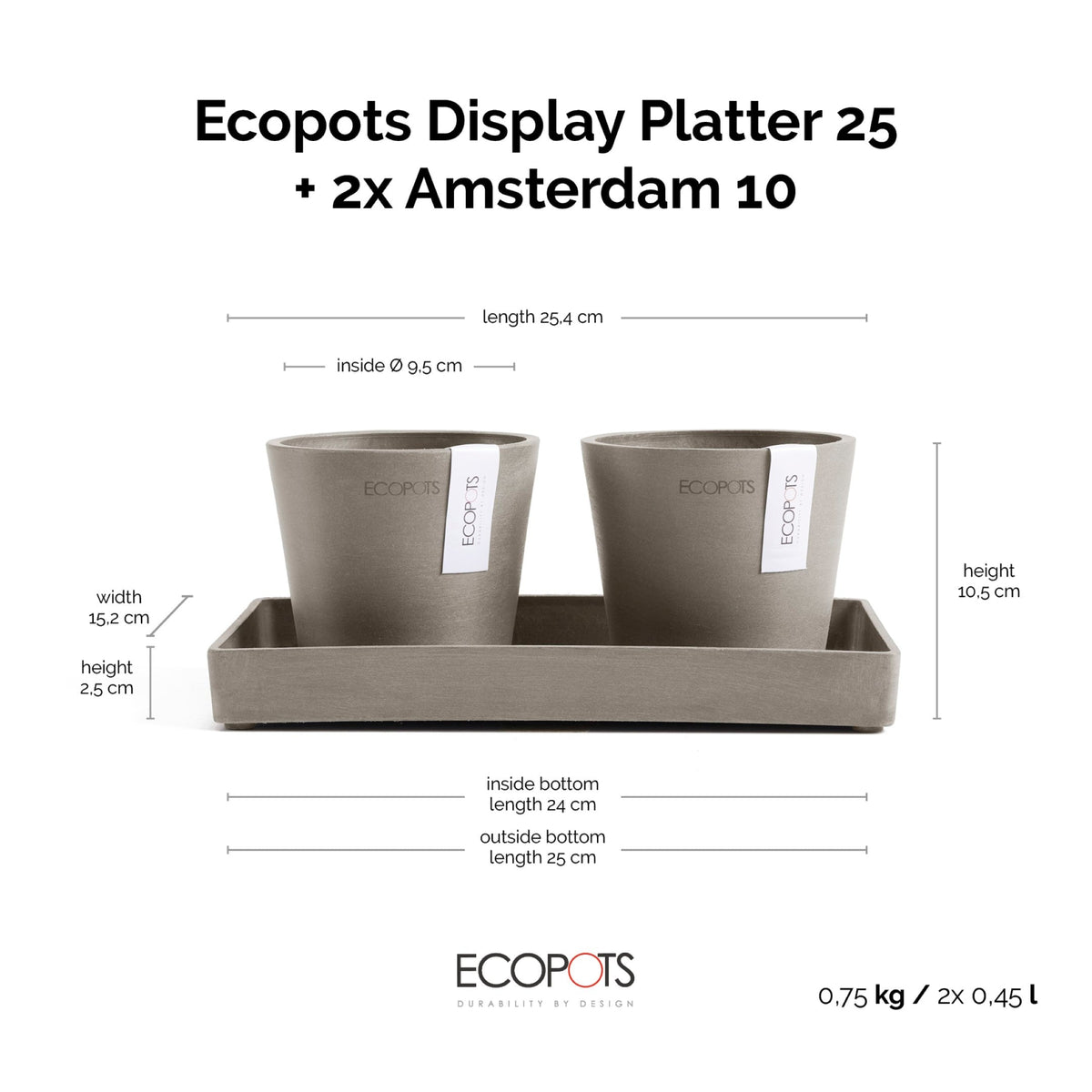 Kukkaruukku Amsterdam 10,5cm 2kpl & esillepanotarjotin 25cm taupe – mittapiirros