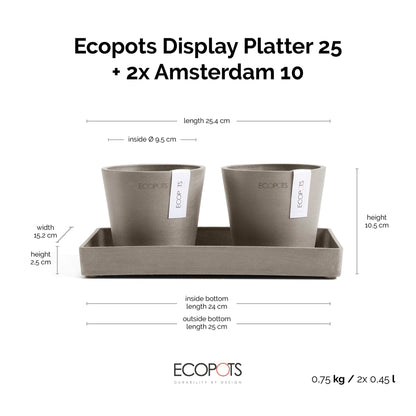 Kukkaruukku Amsterdam 10,5cm 2kpl & esillepanotarjotin 25cm taupe – mittapiirros