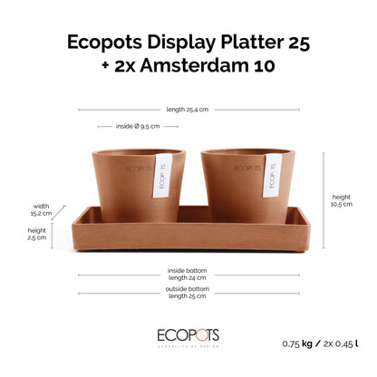 Kukkaruukku Amsterdam 10,5cm 2kpl & esillepanotarjotin 25cm terracotta – mittapiirros