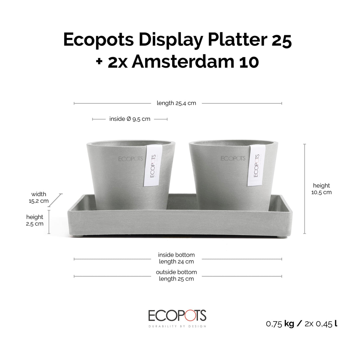 Kukkaruukku Amsterdam 10,5cm 2kpl & esillepanotarjotin 25cm valkoharmaa – mittapiirros