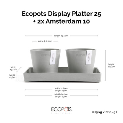 Kukkaruukku Amsterdam 10,5cm 2kpl & esillepanotarjotin 25cm valkoharmaa – mittapiirros