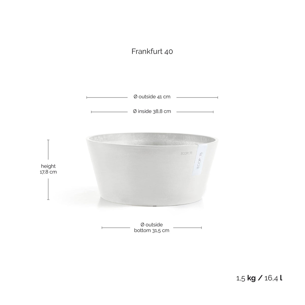 Kukkaruukku Frankfurt 40cm valkoinen – mittapiirros
