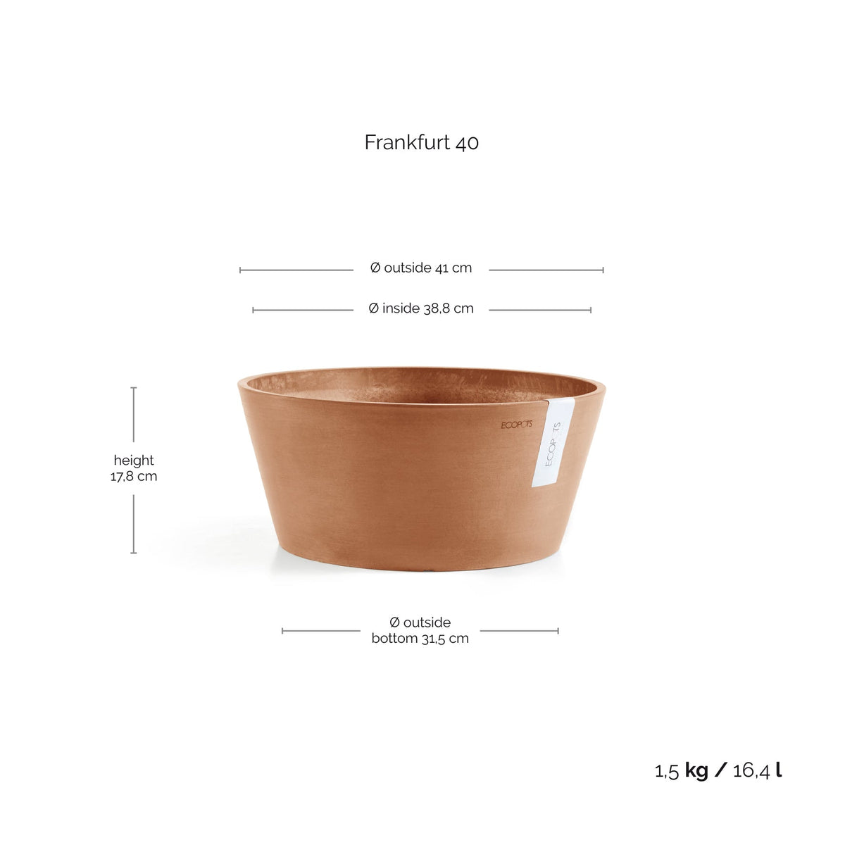 Kukkaruukku Frankfurt 40cm terracotta – mittapiirros