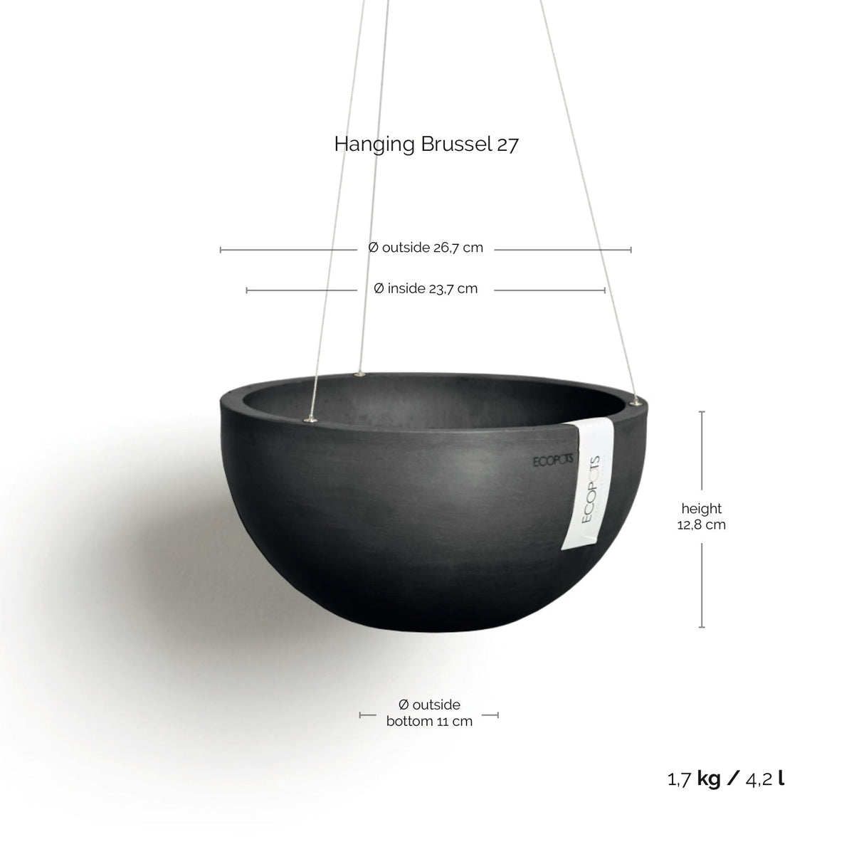 Kukkaruukku Brysseli ripustettava 27cm tummanharmaa – mittapiirros