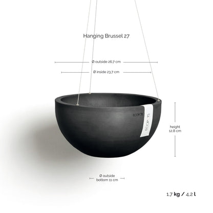Kukkaruukku Brysseli ripustettava 27cm tummanharmaa – mittapiirros