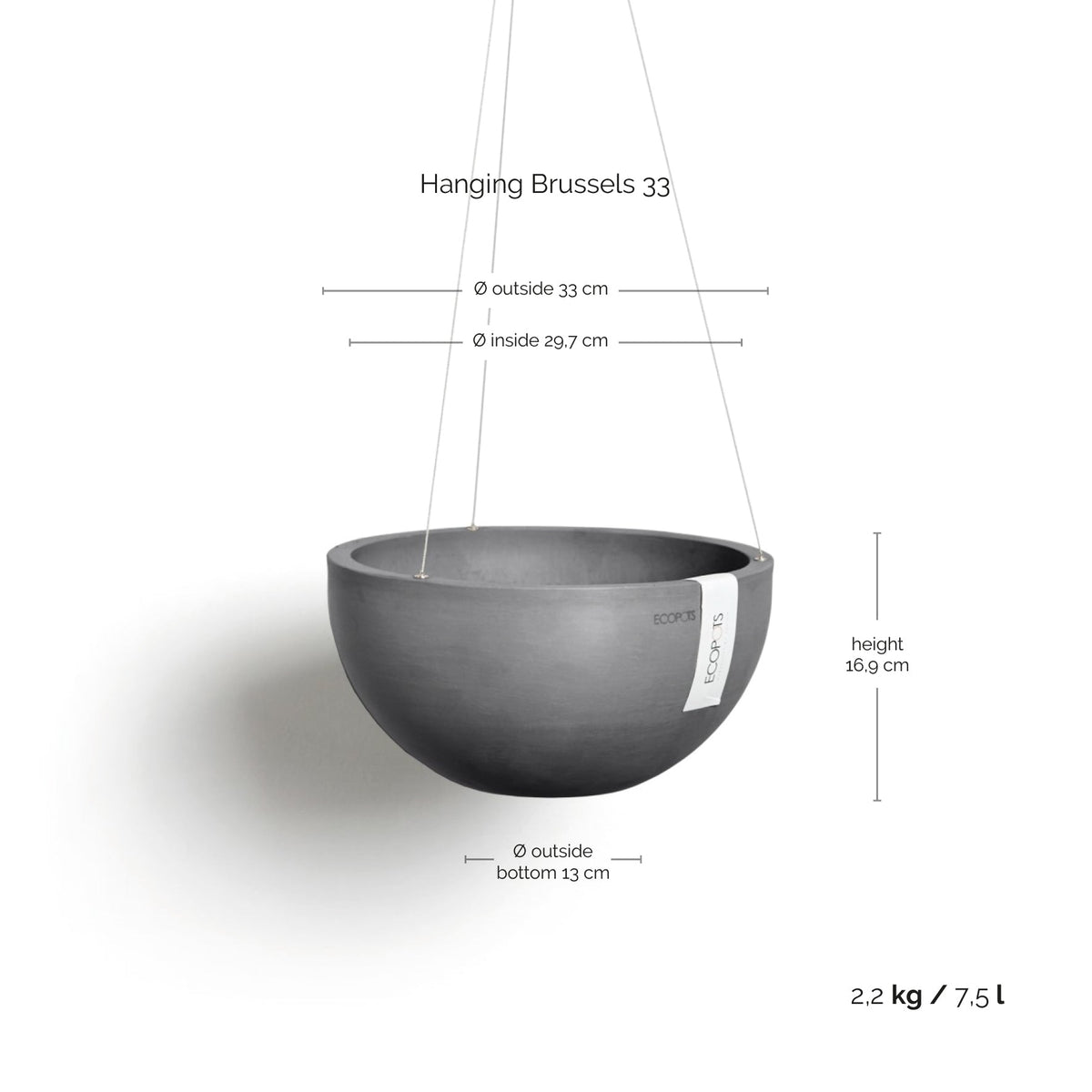 Kukkaruukku Brysseli ripustettava 33cm harmaa – mittapiirros