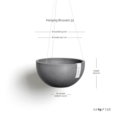 Kukkaruukku Brysseli ripustettava 33cm harmaa – mittapiirros
