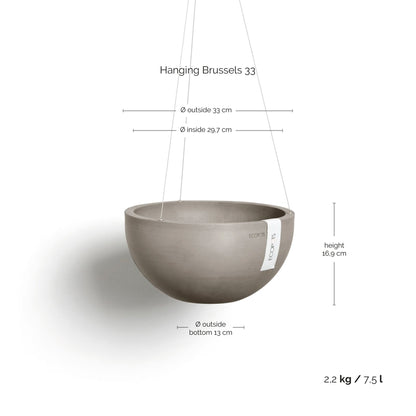 Kukkaruukku Brysseli ripustettava 33cm taupe – mittapiirros