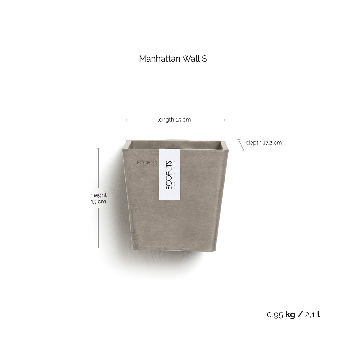 Kukkaruukku Manhattan seinälle 15cm taupe – mittapiirros