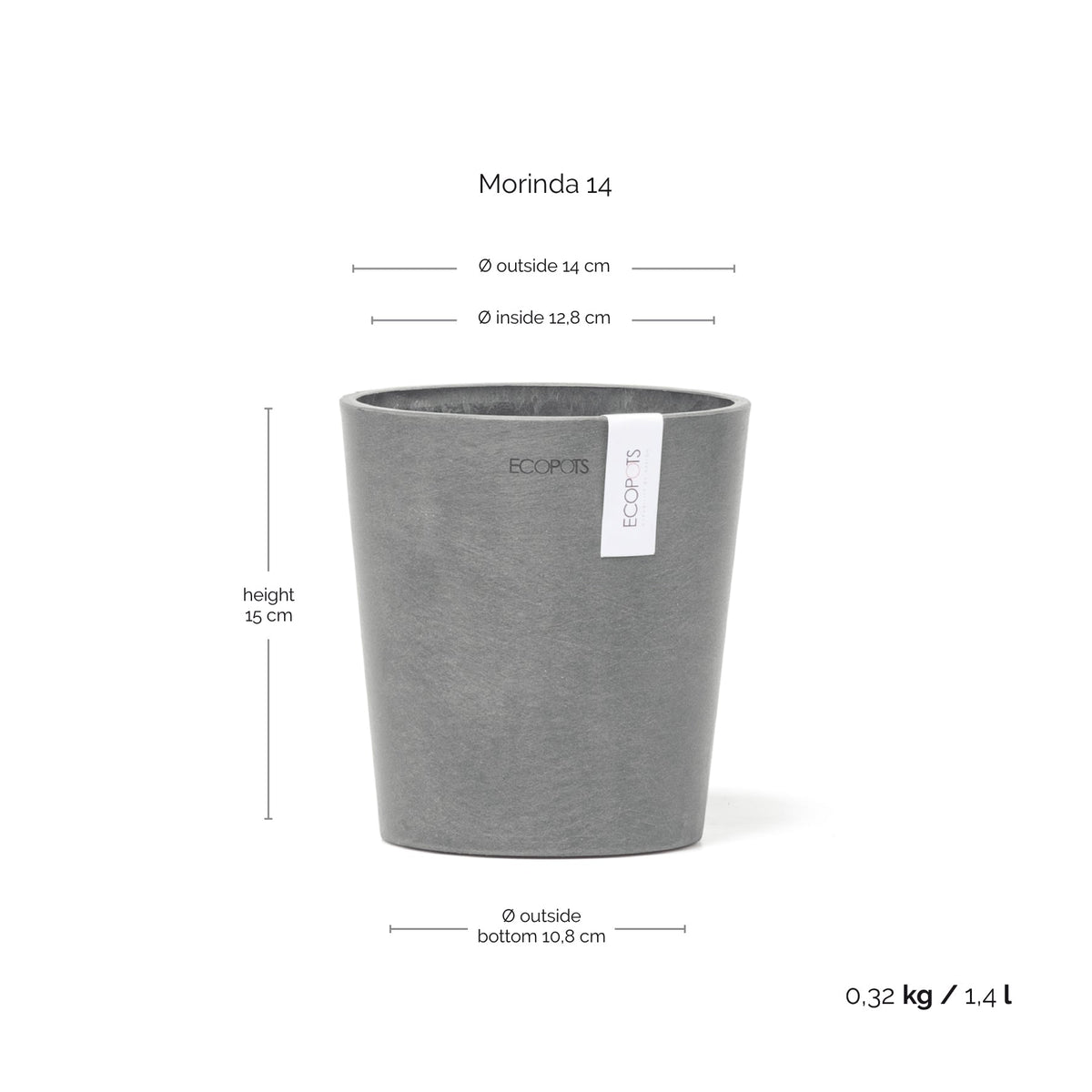 Kukkaruukku Morinda 14cm harmaa – mittapiirros