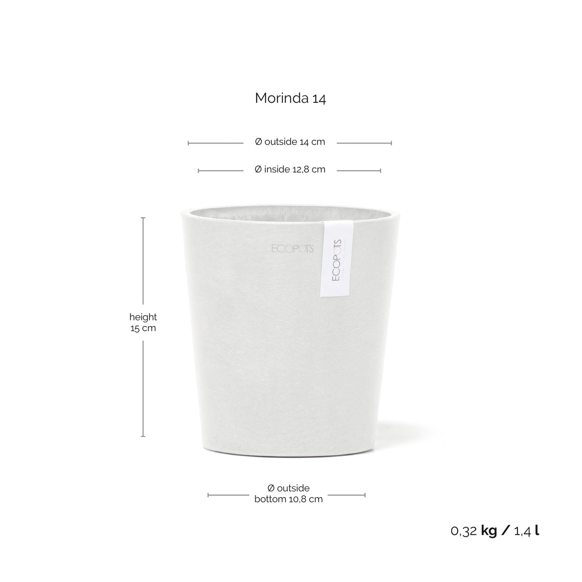 Kukkaruukku Morinda 14cm valkoinen – mittapiirros