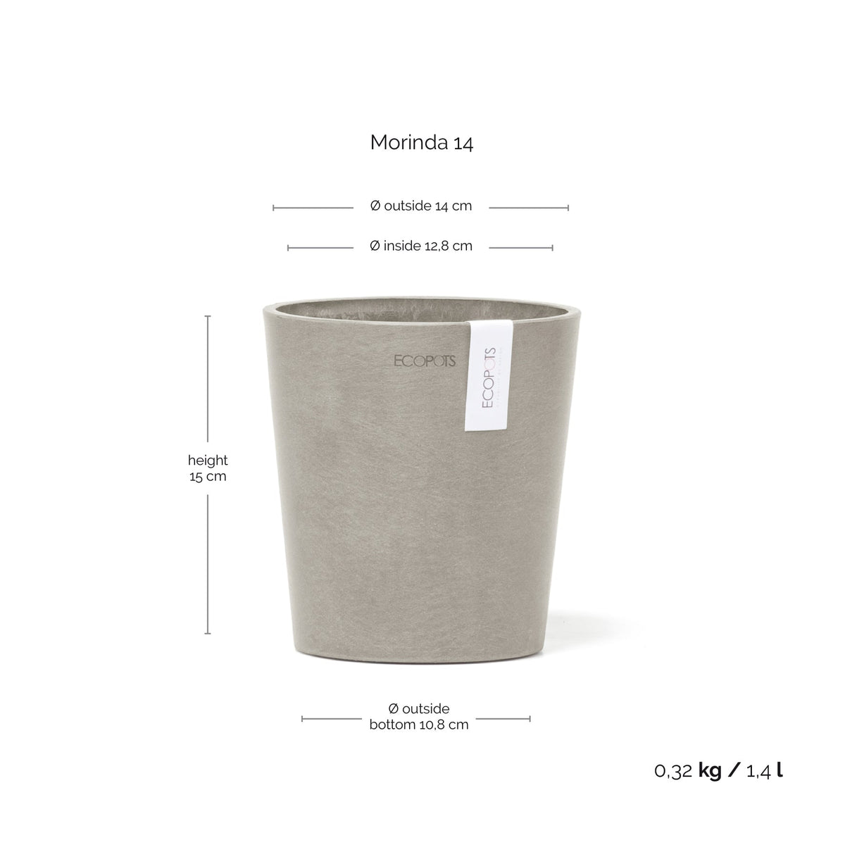 Kukkaruukku Morinda 14cm taupe – mittapiirros