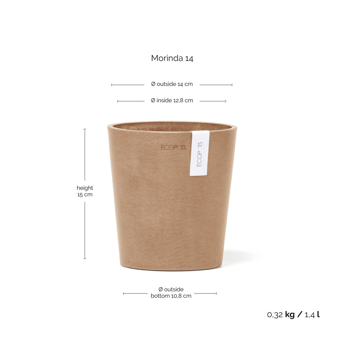 Kukkaruukku Morinda 14cm terracotta – mittapiirros