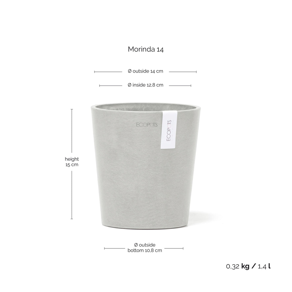 Kukkaruukku Morinda 14cm valkoharmaa – mittapiirros