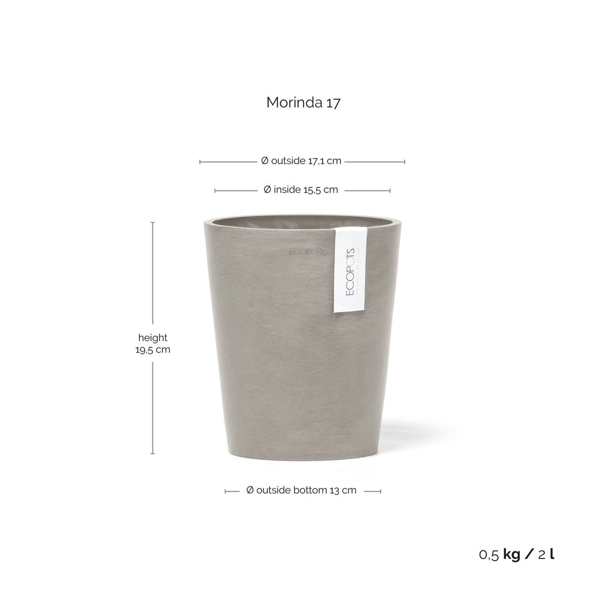 Kukkaruukku Morinda 17cm taupe – mittapiirros